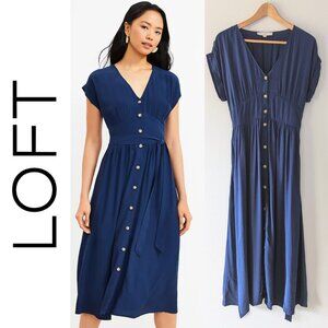 LOFT Button Down Midi Dress Navy Blue Size 4